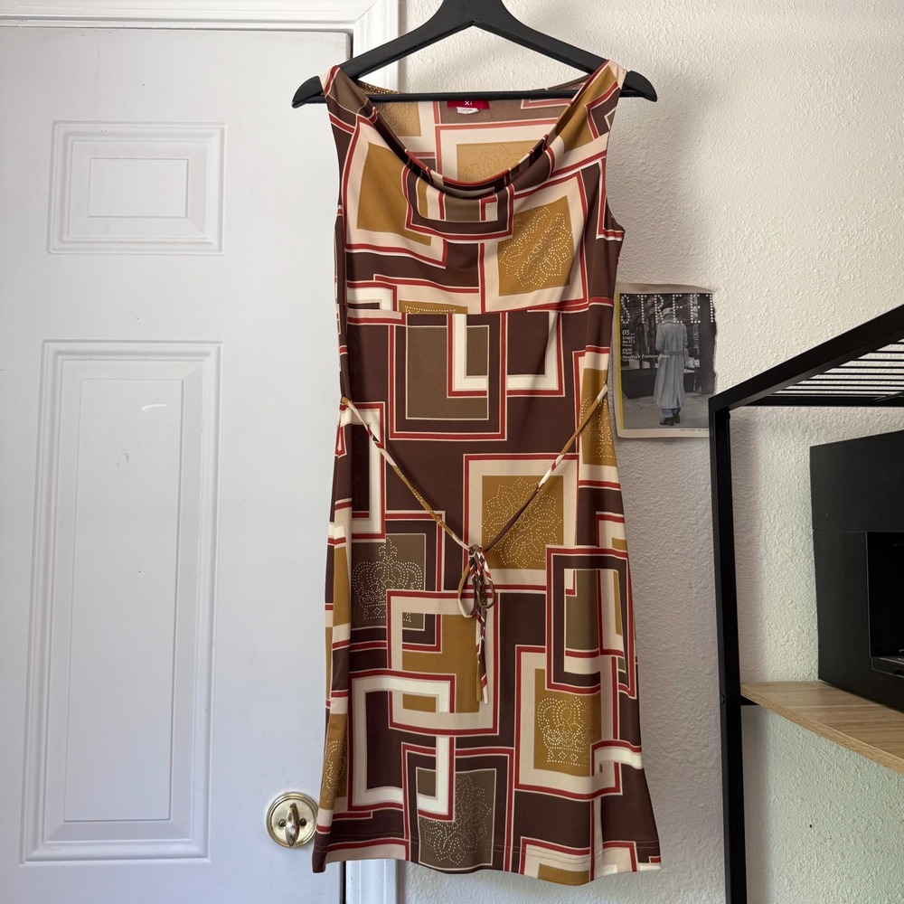 FOREVER 21 vintage y2k cowl neck brown geo print tie waist sleeveless mini dress